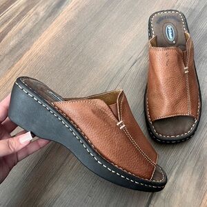 Y2K Dr. Scholl's Martha Women's Brown leather Platform Slide Sandals Size 7.5